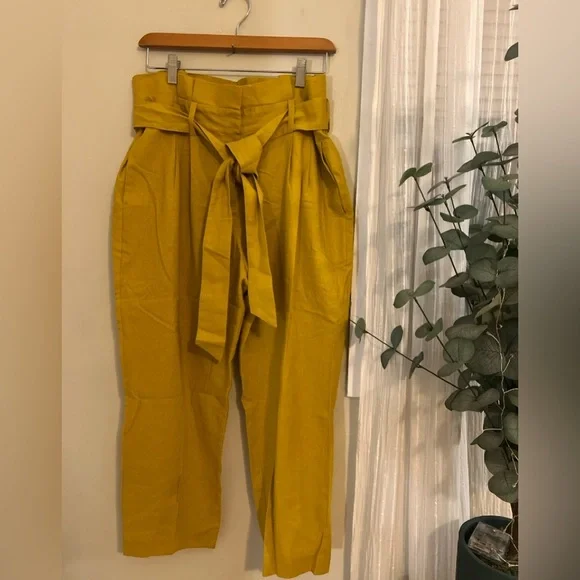 Boden Mustard Tie-Waist Cotton and Linen Pants - Picture 1 of 7